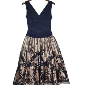 J.R. Nites by Carol Lin Fit & Flare Royal Blue / Champagne Lace Skirt‎ Dress 6